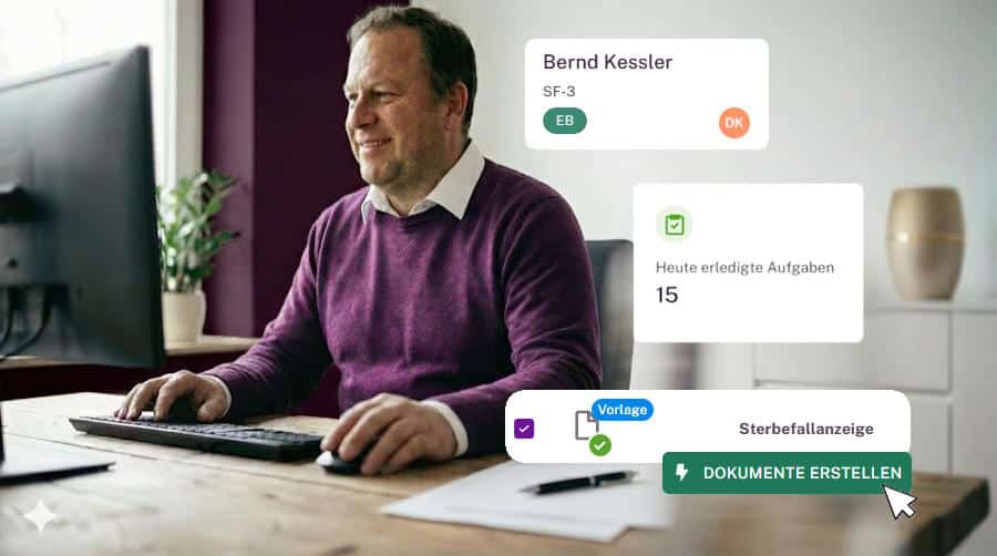 Mann nutzt die Bestattersoftware memilius